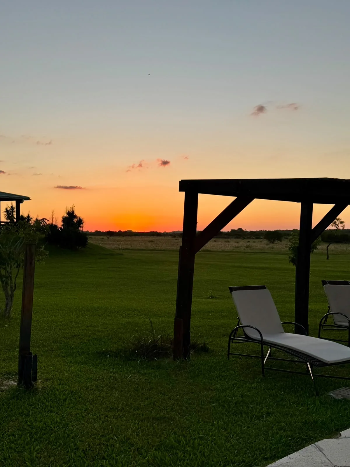 Jardín y pérgola durante el atardecer